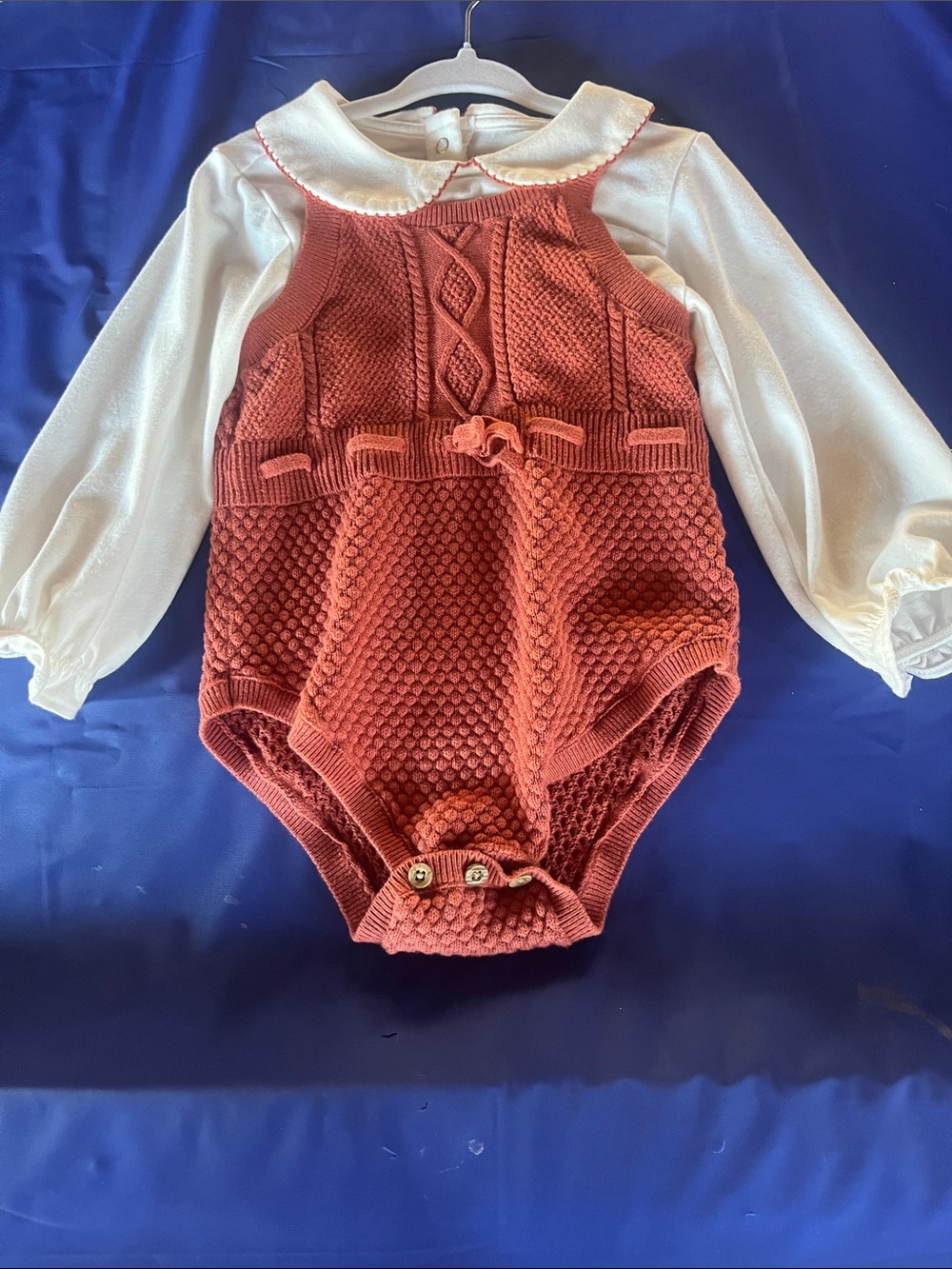 cloud island Rust Knit Bubble Romper with Cream Blouse